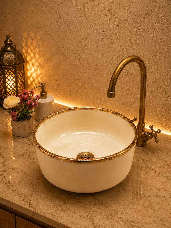 Bathroom veseel sink Brushed Solid Brass Rimmed  -  washBasin with Mid-Century Modern  - Artisanal Farmhouse basin free gift with