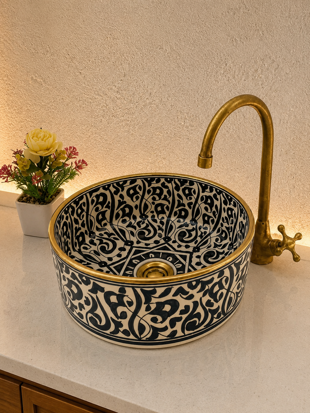 Modern bathroom sink 14k gold rimmed - washbasin mid century hand painted sink - handmade bathroom basin - Khal moroccan sink