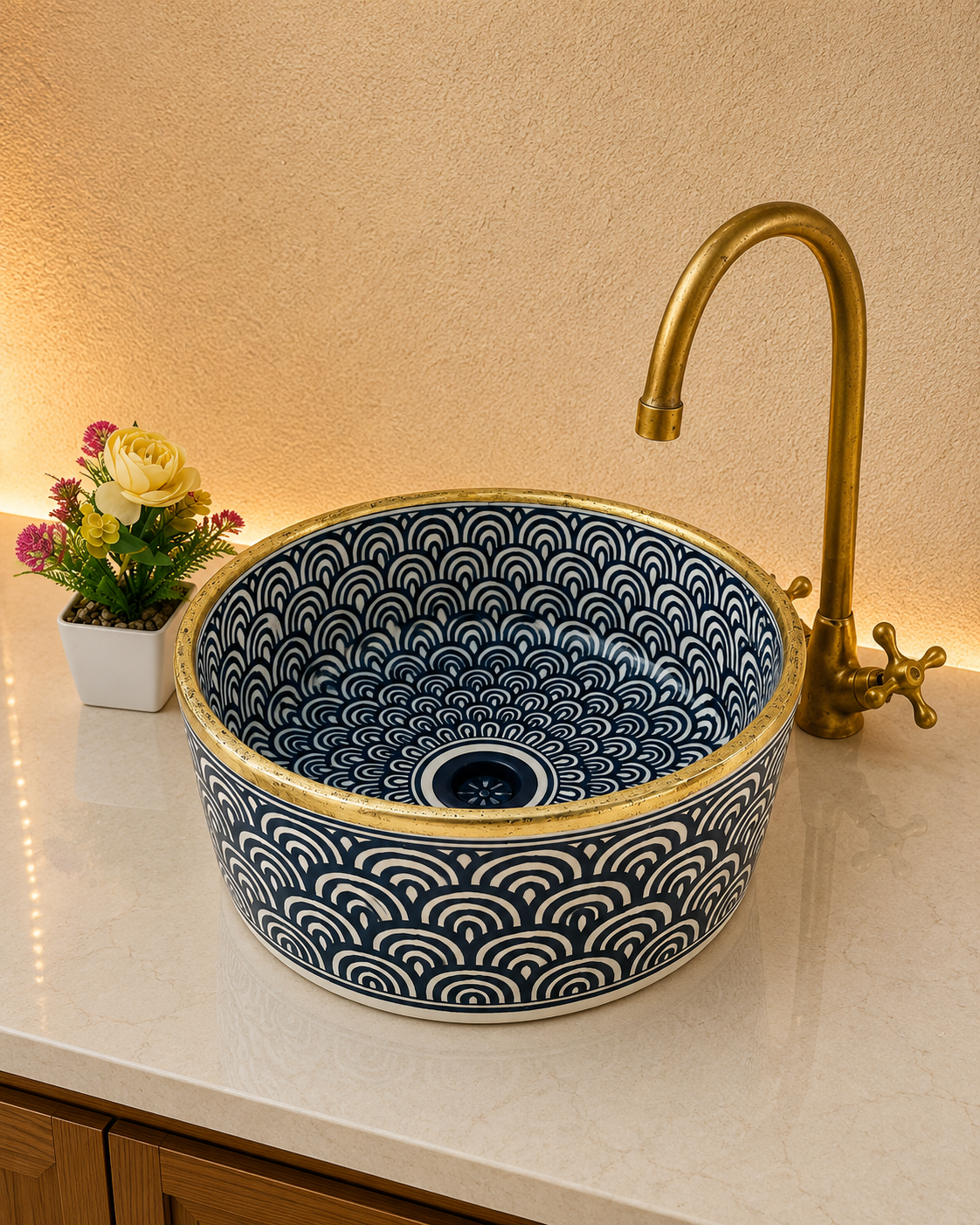 Bathroom vessel sink 14k gold rimmed - washbasin mid century hand painted sink - modern bathroom basin