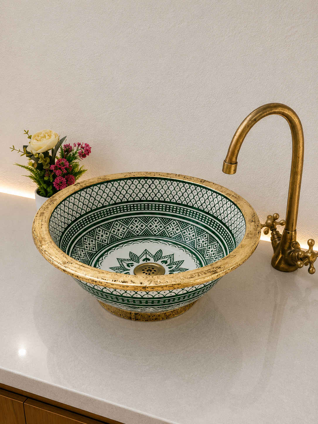Brushed Solid Brass Rimmed Basin Green -  Basin with Mid-Century Modern Flair - Artisanal Farmhouse green sink