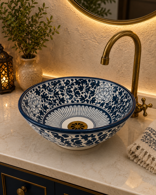 Rustic floral Bathroom vessel basin - sink made from ceramic 100% handmade  - ceramic basin decor built with mid century modern Flair