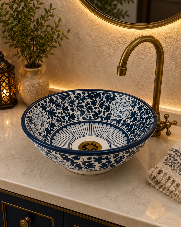 Rustic floral Bathroom vessel basin - sink made from ceramic 100% handmade  - ceramic basin decor built with mid century modern Flair