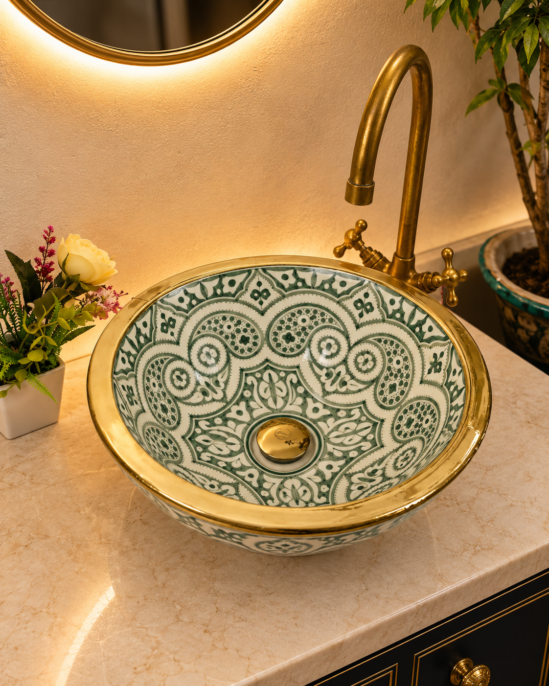 Green bathroom basin Brushed Solid Brass Rimmed sink  - Basin with Mid-Century Modern flair batheroom - london  Farmhouse Basin