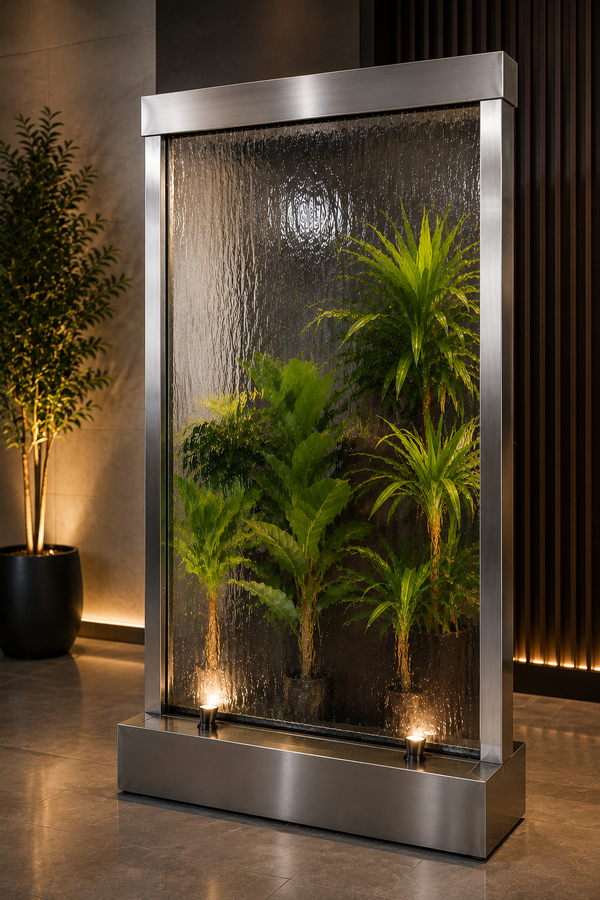 Aurora Clear Glass Stainless Steel 2 meter tall Water Feature