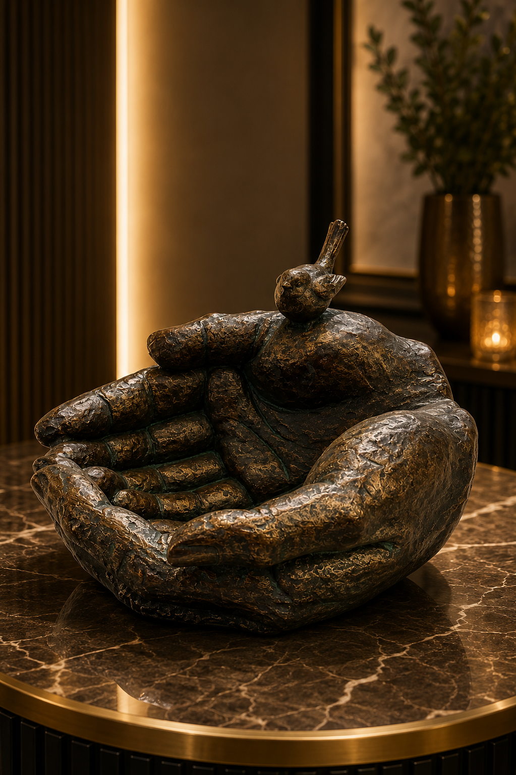 Hands Shaped Nest & Bird Planter Copper Colour Ornament NEW