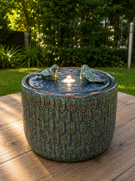 La Buhaira Glazed Ceramic Blue Fountain with birdies New November 2021