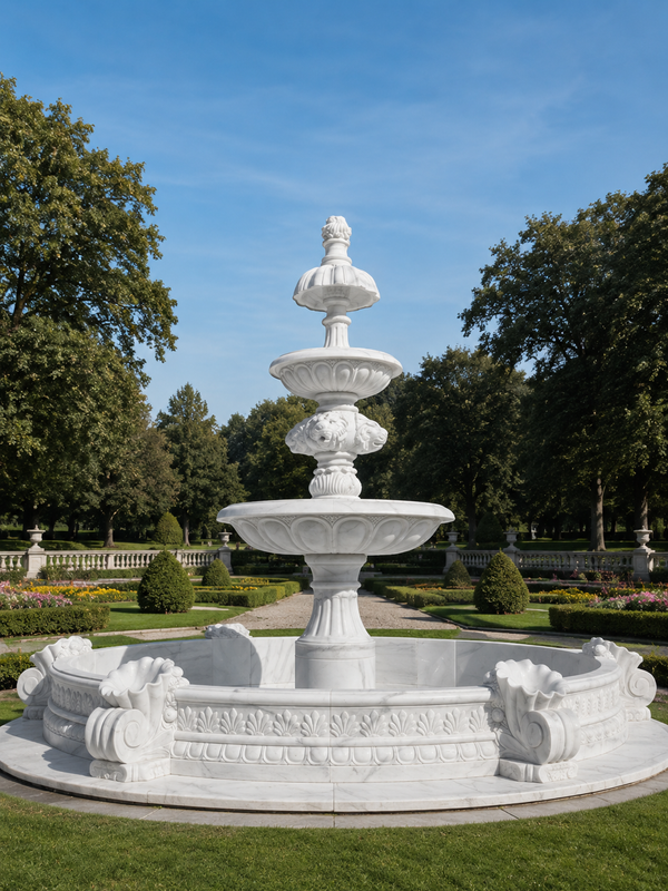 Serenity 4-Tier Luxury Custom Marble Fountain with Lions & Pond Planters – 3.5m Tall