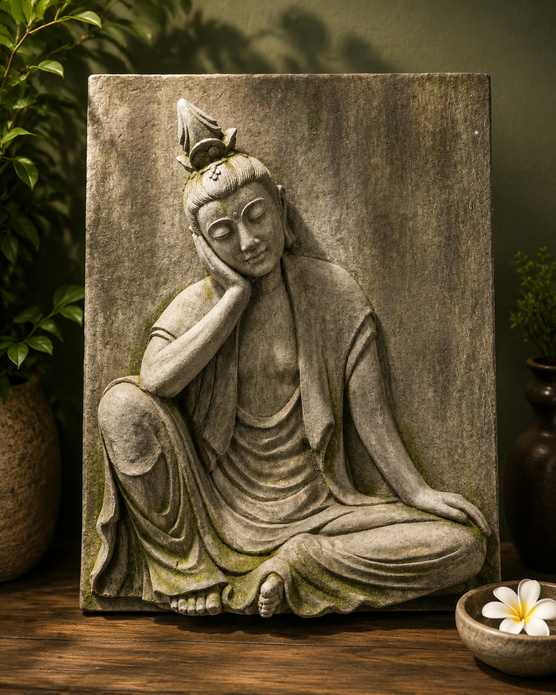 PENSADOR RECTANGLE BUDDHA WALL PLAQUE, GREY & GREEN,