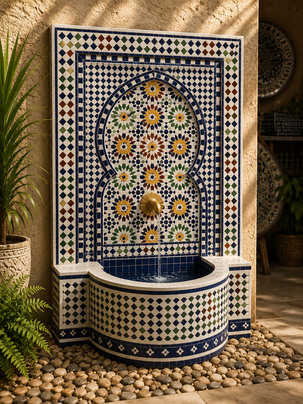 Large Handcrafted Moroccan Zellige Mosaic Tile Water Fountain