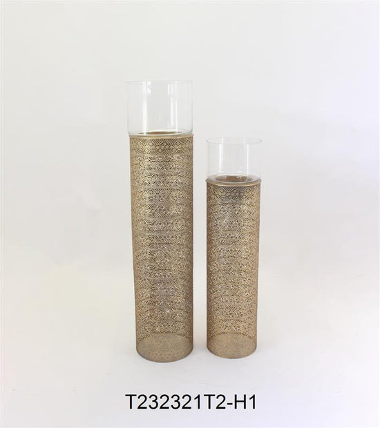 Gold Pillars Candle Metal Holders Set 2 Gold Colour Large Glass Summer 2023