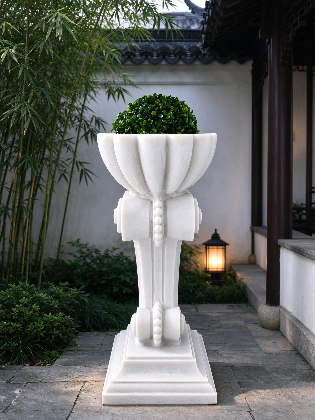 Antorcha Scroll Pedestal Planter with Artificial Topiary