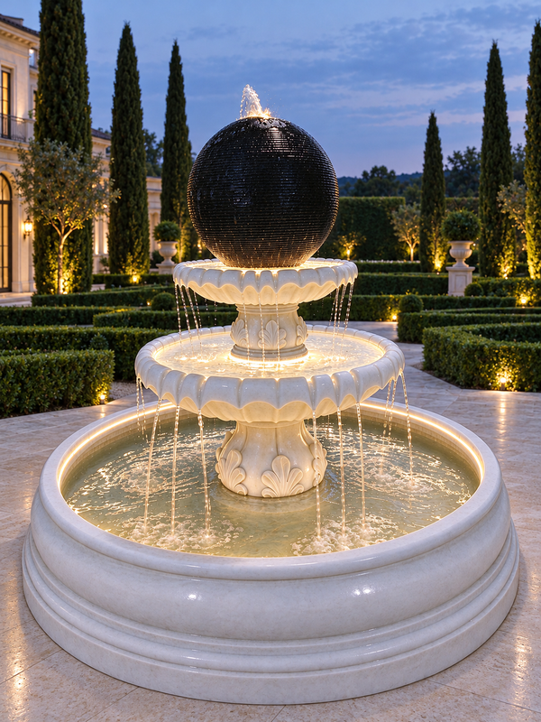 Perla Two-Tier Sphere Fountain in Black & White with LED lights