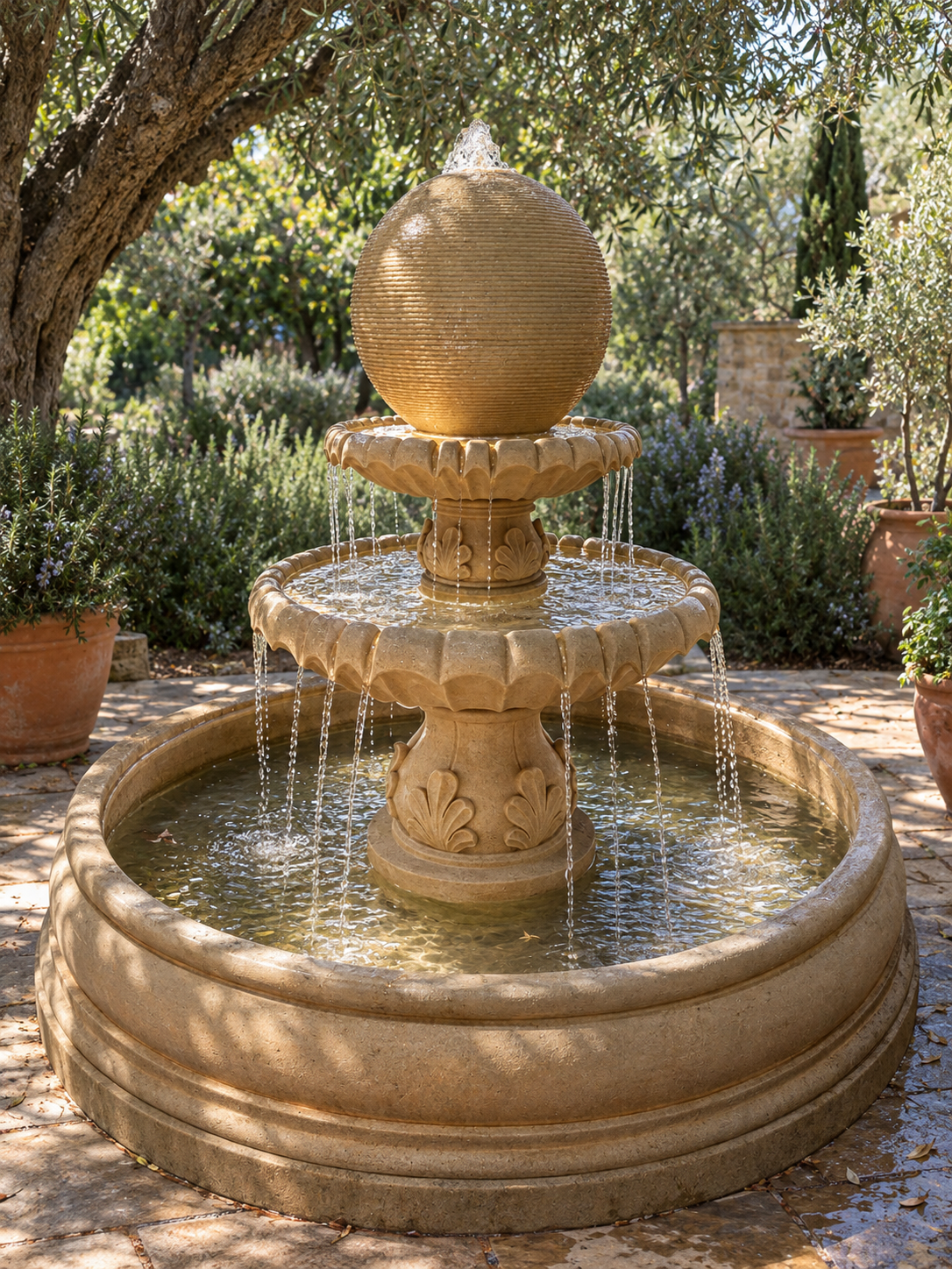 Perla Two-Tier Sphere Fountain in Sandstone