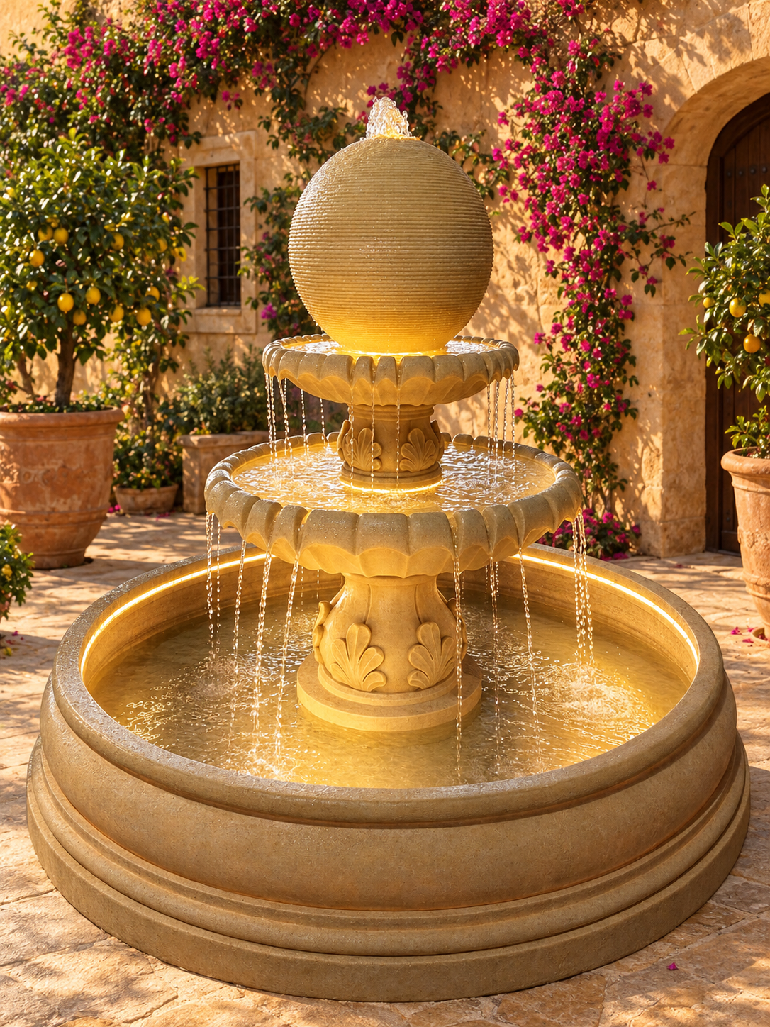 Perla Two-Tier Sphere Fountain in Sandstone with LED lights