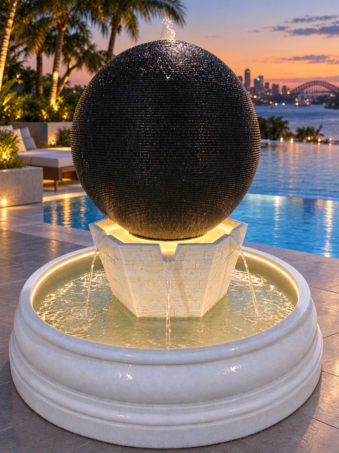 Orbe Grand Sphere Fountain in Black & White with LED lights