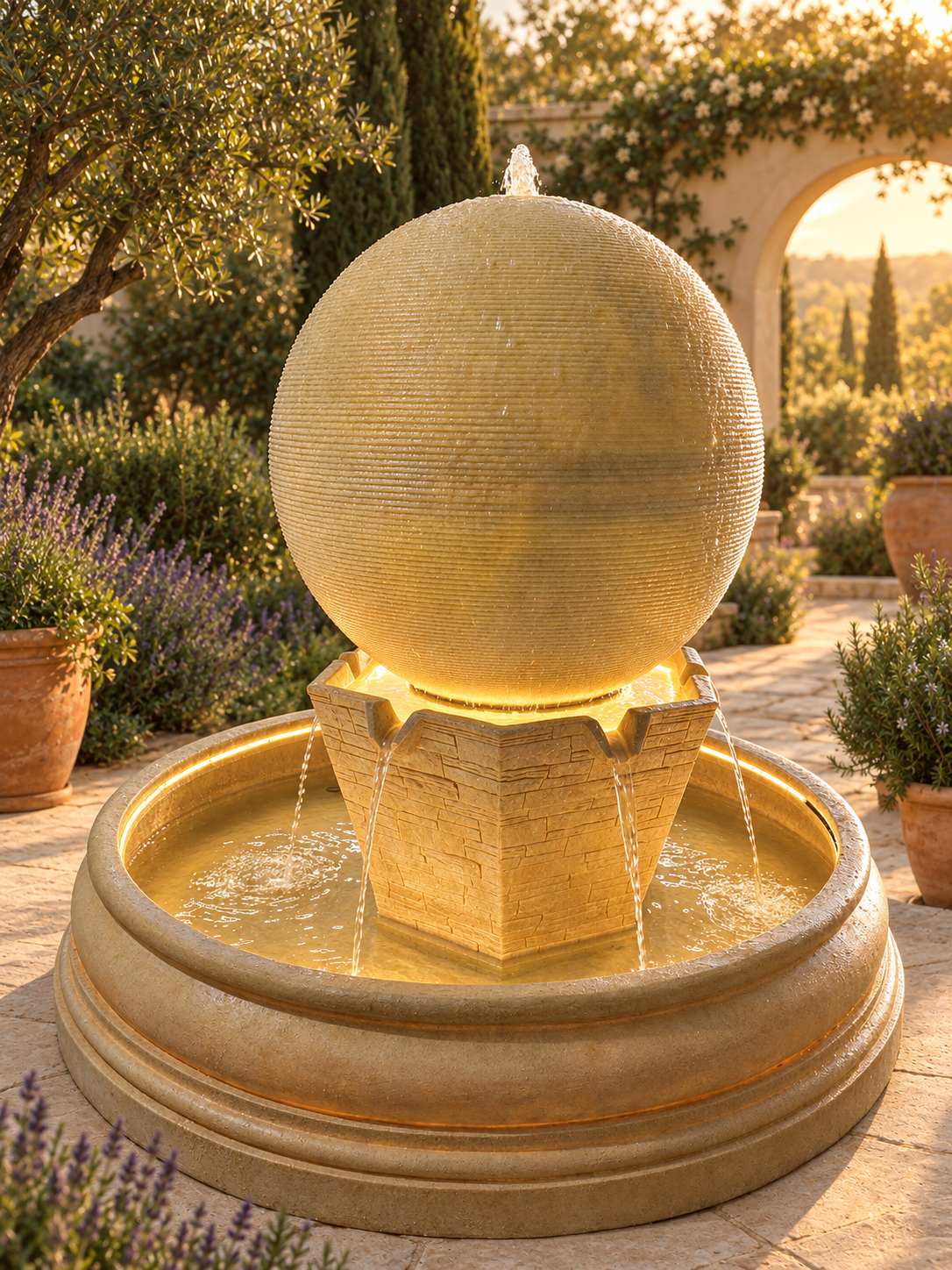 Orbe Grand Sphere Fountain in Sandstone with LED lights