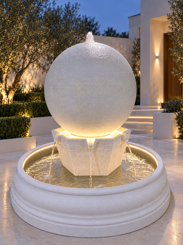 Orbe Grand Sphere Fountain in White with LED lights at dusk