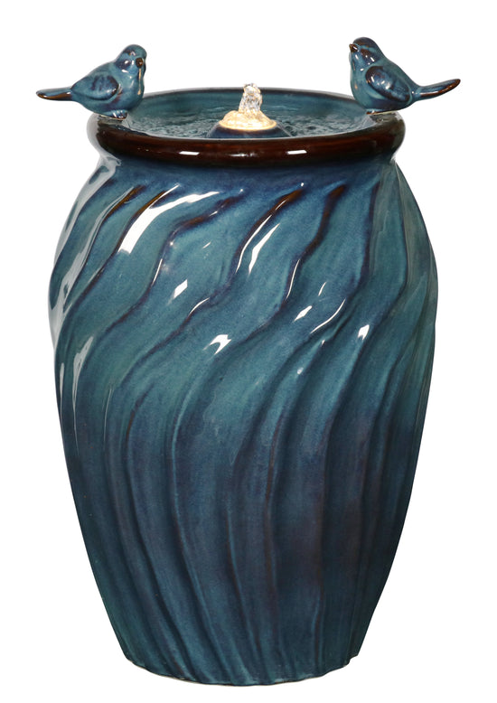 Isleta Glazed Ceramic Urn Shaped Blue Fountain with Birds