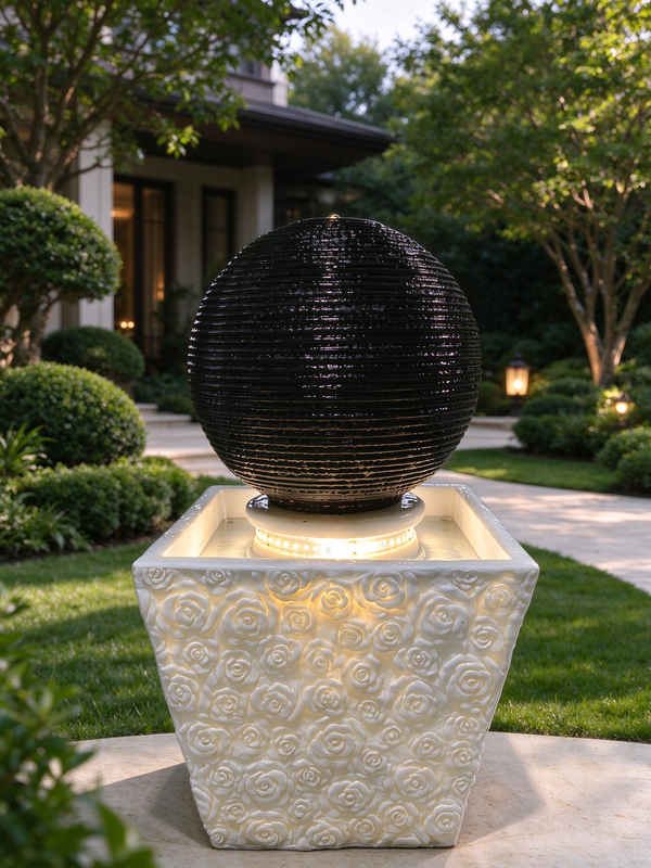 Rosaleda Rose Sphere Fountain in Black & White