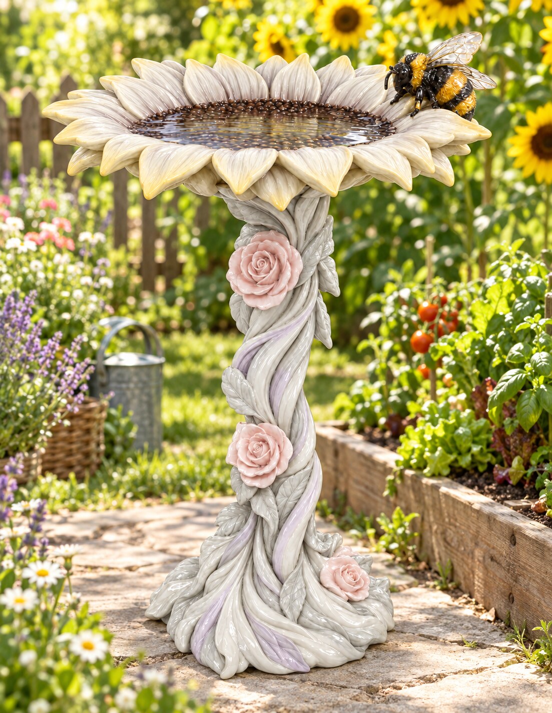 Abeja sunflower bumble bee bird bath in a family vegetable garden