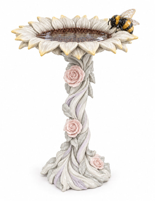 Abeja resin sunflower bird bath with bumble bee in soft cream and light grey, studio photo