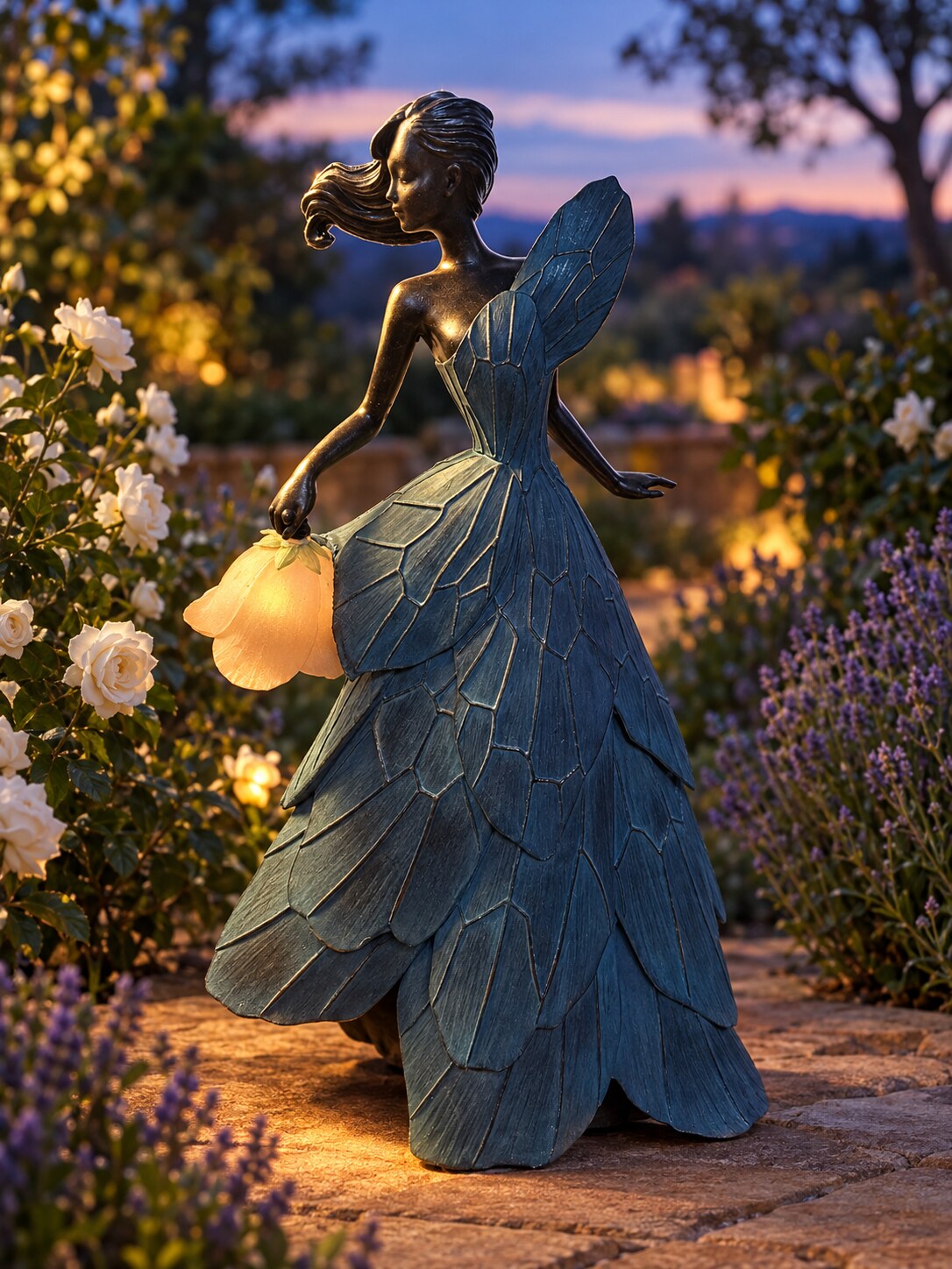 Bianca butterfly dress lady statue with glowing LED tulip lantern in a garden at dusk