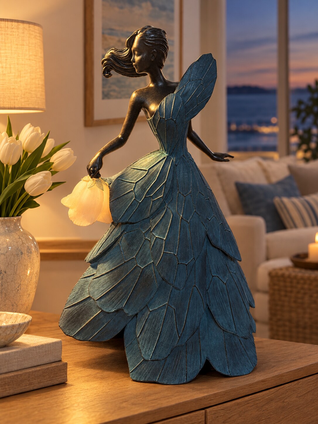 Bianca butterfly dress lady with LED tulip lantern styled on a sideboard in a coastal living room