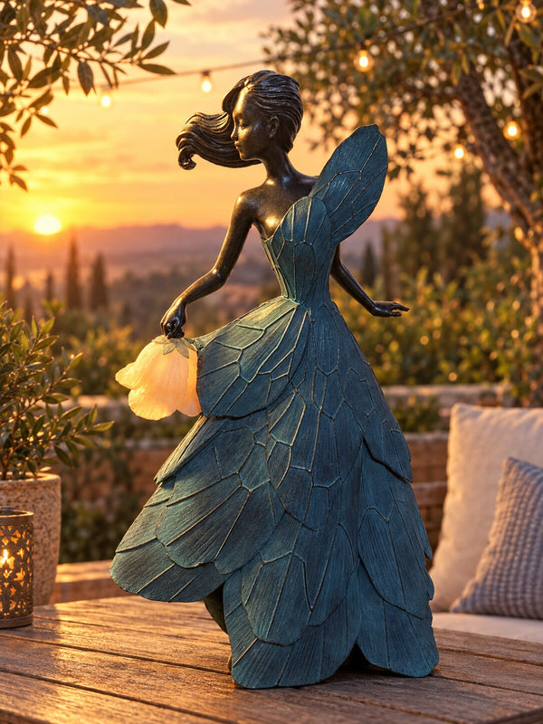 Bianca Blue Dress Girls statue with glowing tulip lantern on a patio at golden hour