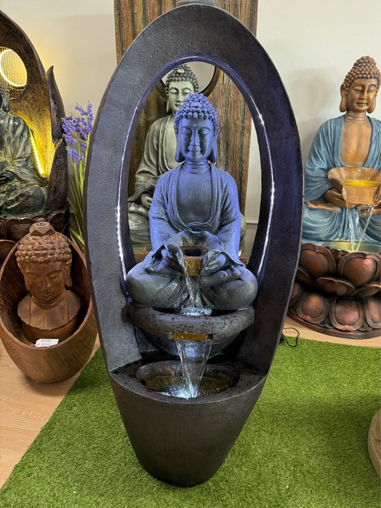 Protection Buddha Water Feature 1.18 Meter Tall Grey Sandstone Finish