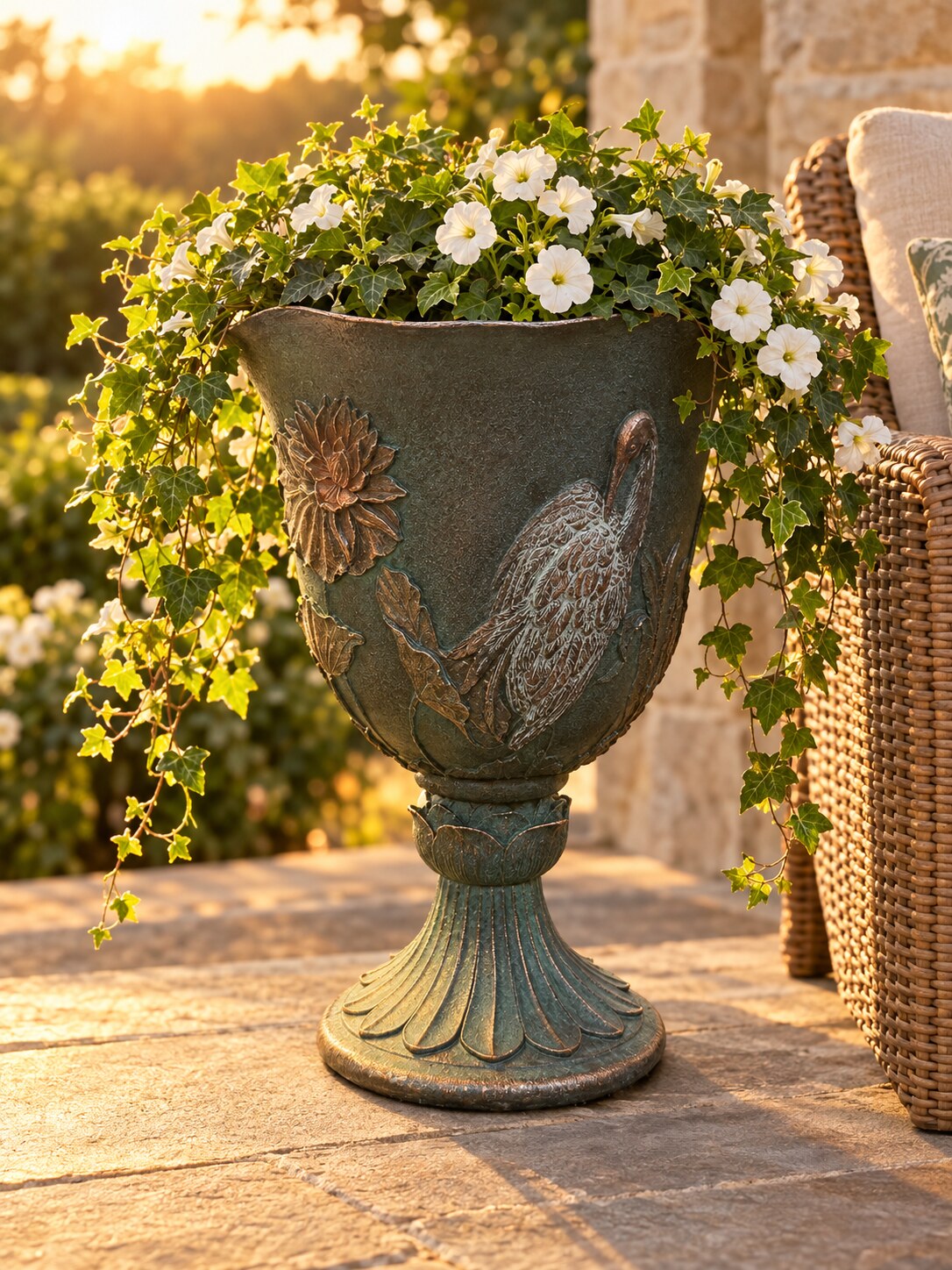 Casa crane goblet planter with cascading ivy and petunias on a stone patio
