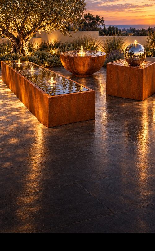 Corten steel water table, bowl and sphere fountains on an Australian terrace at dusk