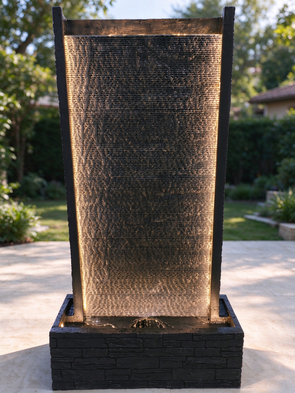 Cortina Water Curtain Wall Fountain in Black in a garden