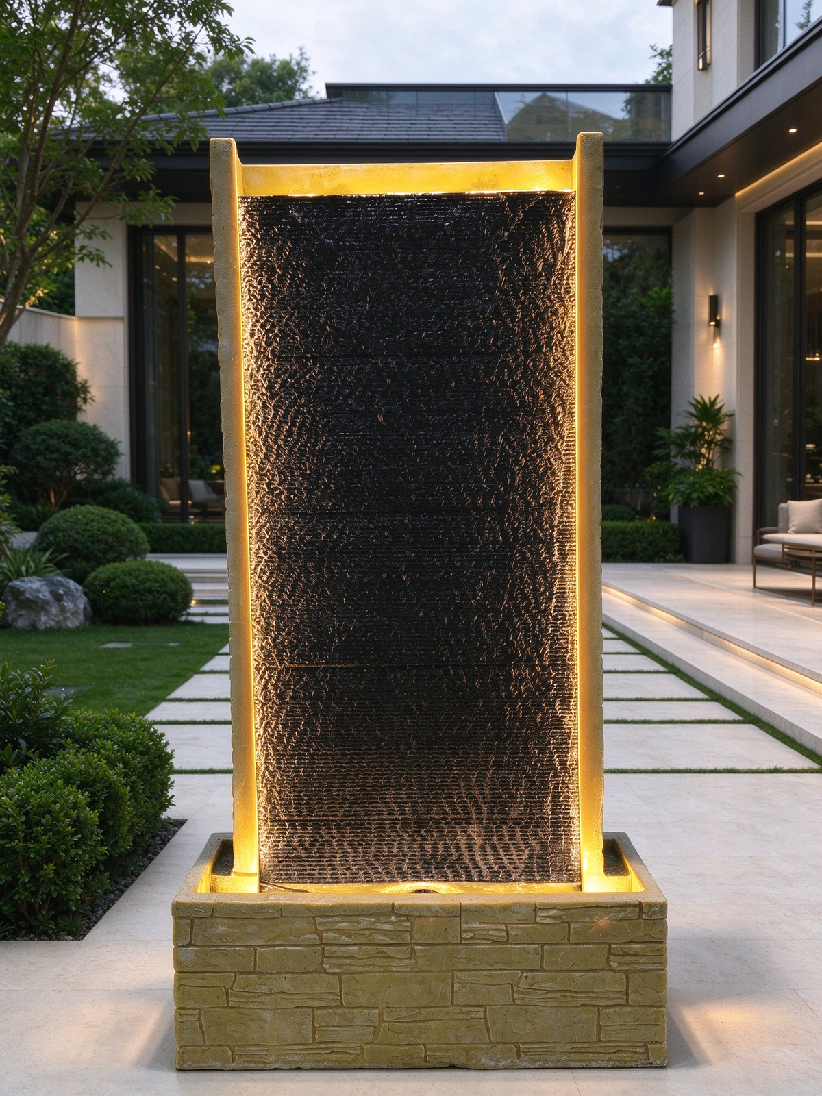 Cortina Water Curtain Wall Fountain in Black & Beige in a garden entrance