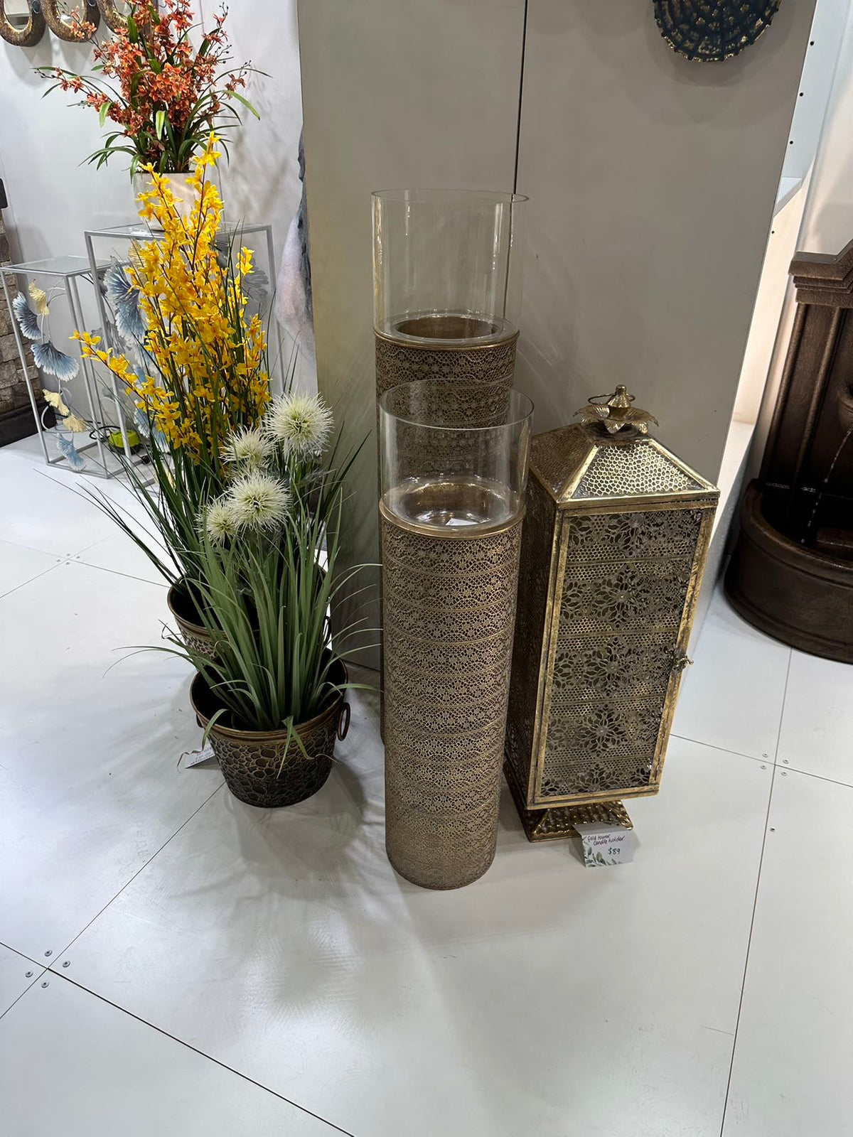 Gold Pillars Candle Metal Holders Set 2 Gold Colour