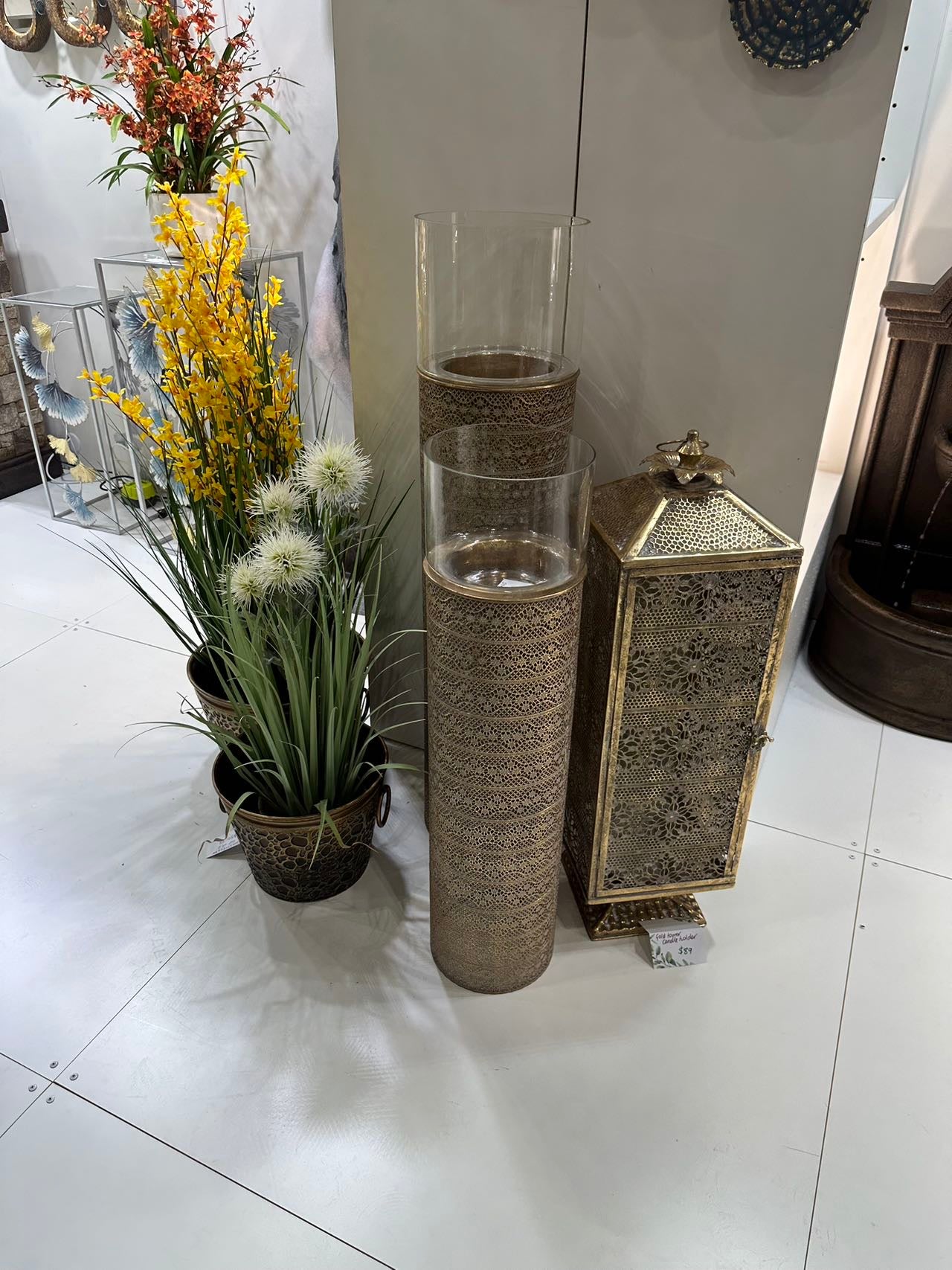 Gold Pillars Candle Metal Holders Set 2 Gold Colour