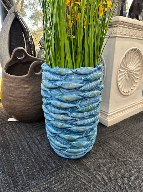 Pescara Light Med Blue School Fish Planter Design Outdoor