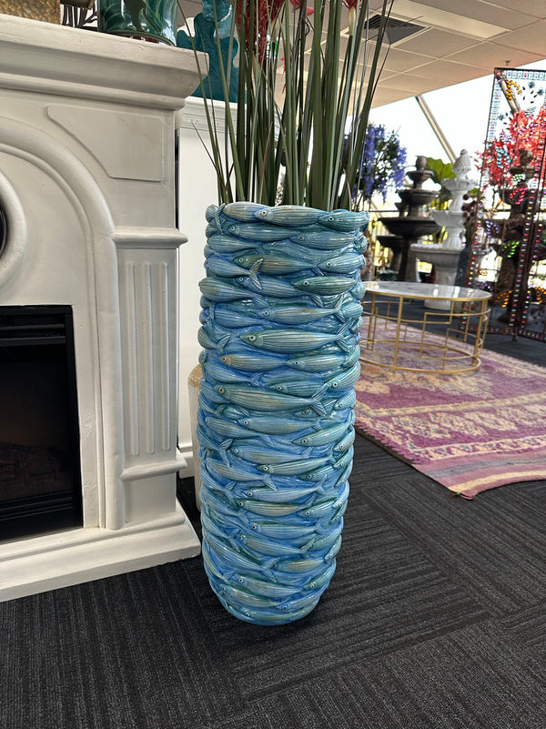 Brindisi Aqua Fish Design Planter Light Med Blue Colour Fish School Design