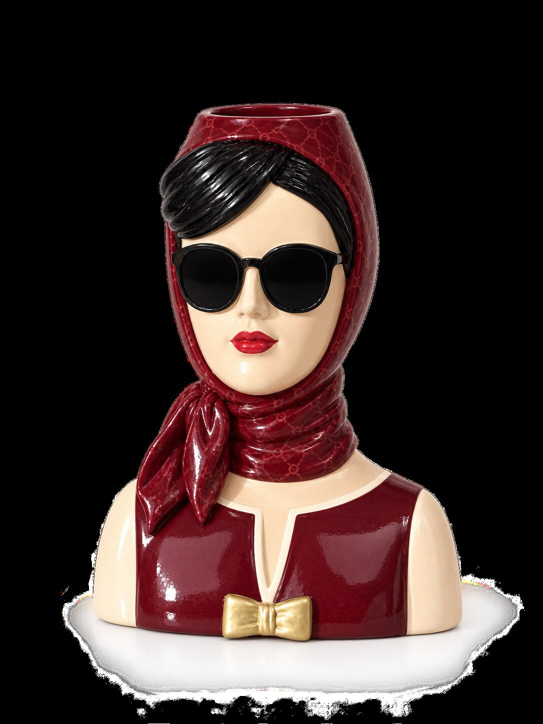 Fashionista resin fashion lady bust vase in burgundy with black sunglasses, studio photo