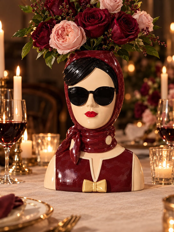 Fashionista fashion lady vase with burgundy and blush roses as a dining table centrepiece