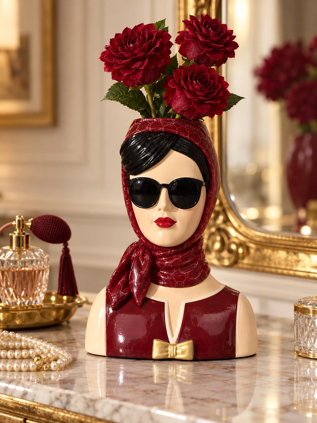Fashionista burgundy lady head vase with dahlias on a marble vanity