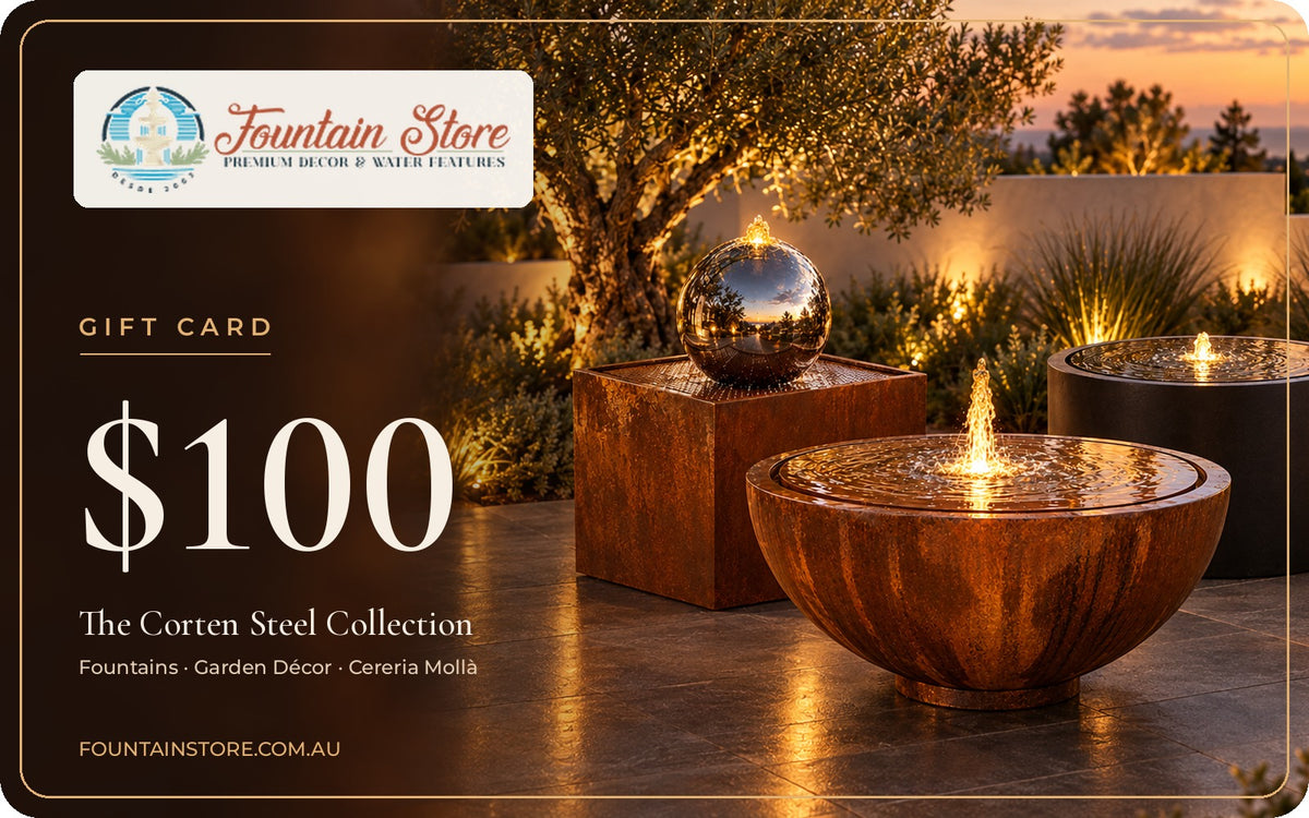 Fountain Store $100 gift card featuring the Corten Steel collection