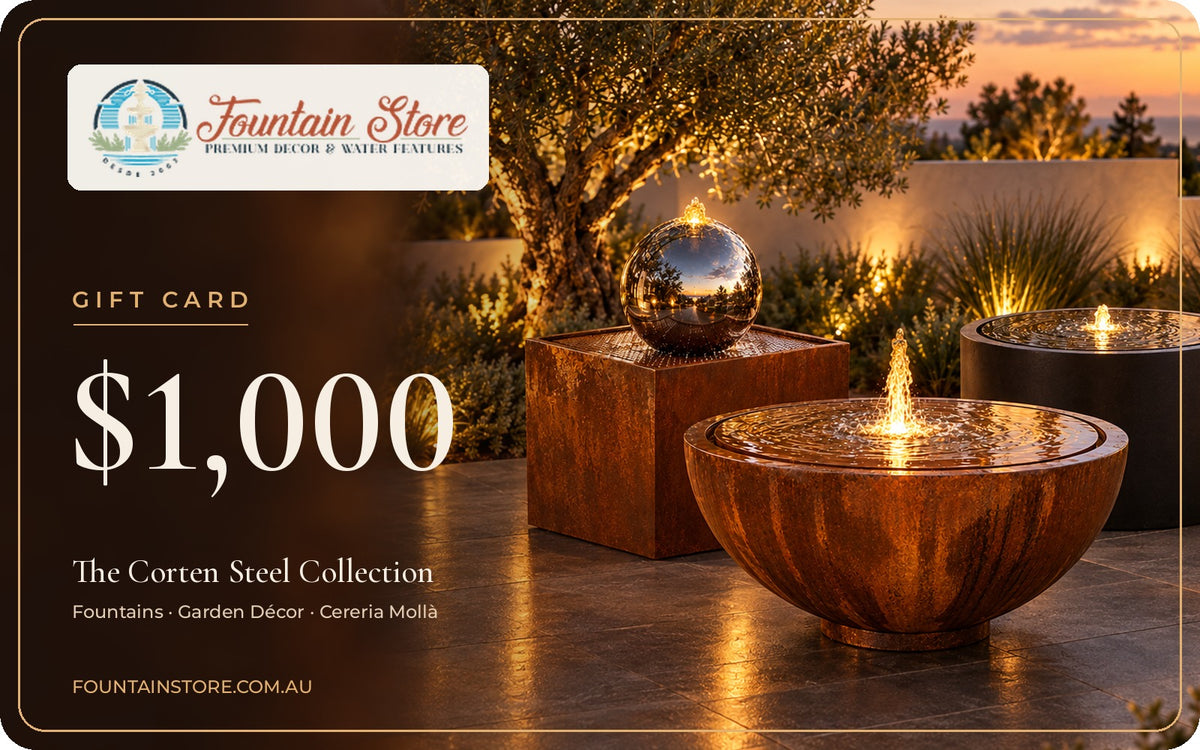 Fountain Store $1,000 gift card featuring the Corten Steel collection