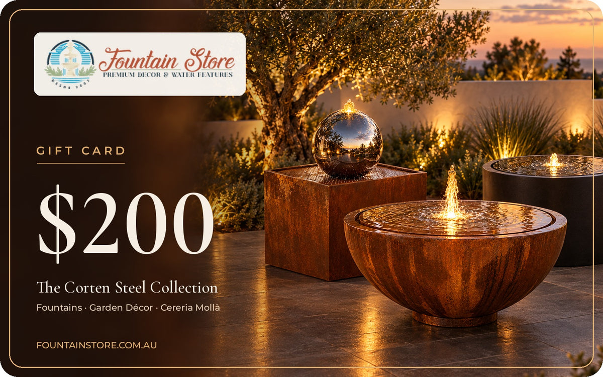 Fountain Store $200 gift card featuring the Corten Steel collection
