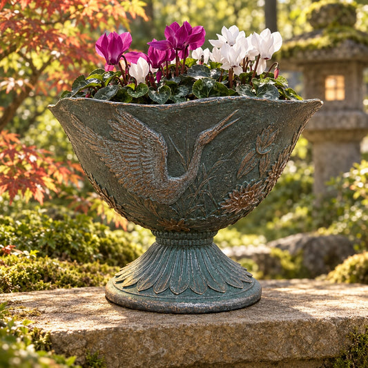 Hacienda crane bird urn planter in dark green grey with cyclamen in a Japanese-style garden