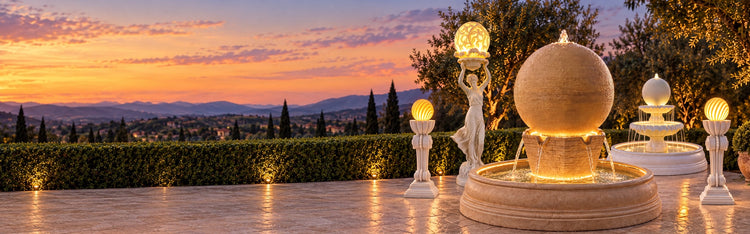 Sandstone Orbe sphere fountain with the Gamra lady statue, a white Perla fountain and Antorcha pedestal lights on an estate terrace at dusk