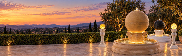 Sandstone Orbe grand sphere fountain with a Black & White Orbe and Antorcha pedestal lights on an estate terrace at dusk