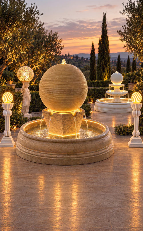 Sandstone Orbe sphere fountain glowing at dusk between Antorcha lights, with the Gamra lady statue and a white Perla fountain behind