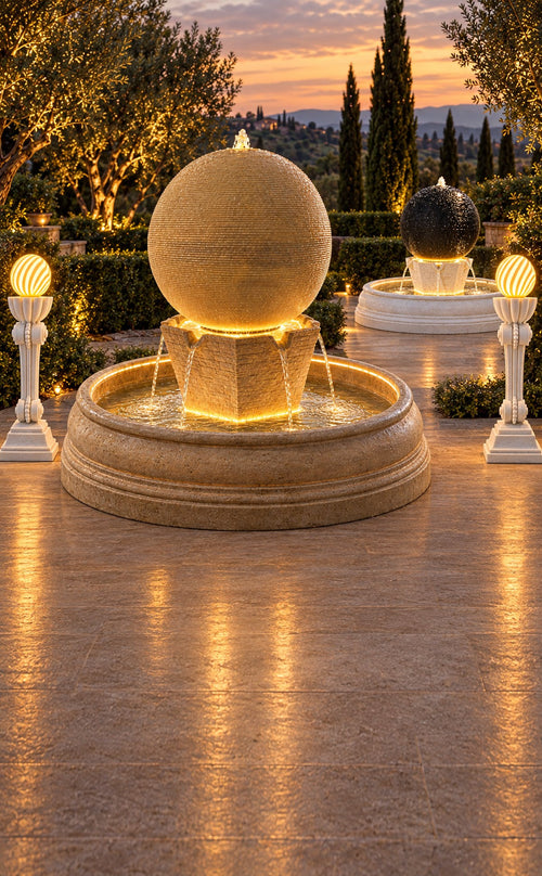 Sandstone Orbe sphere fountain glowing at dusk between Antorcha lights, with a Black & White Orbe behind