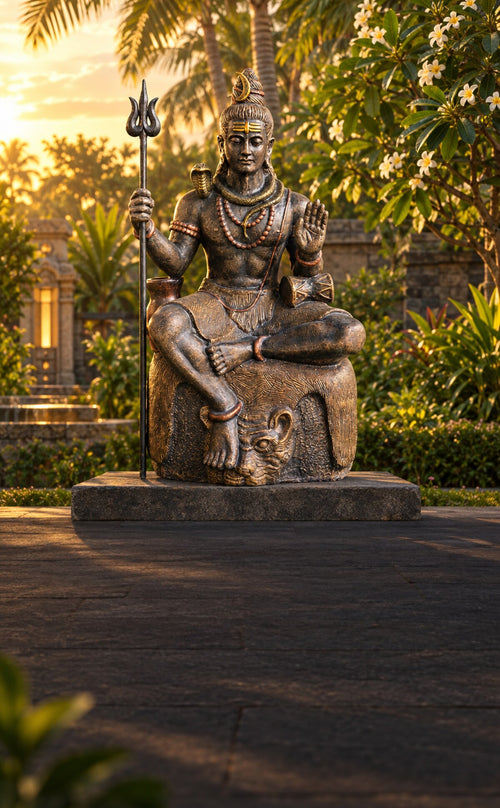 Mahadev seated Lord Shiva statue in a temple garden
