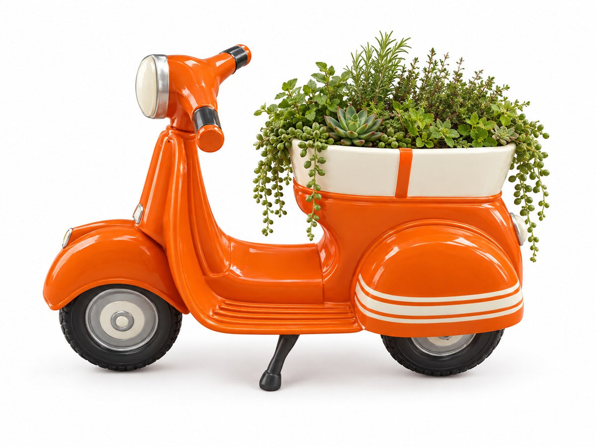 La Traviata resin vintage scooter planter in orange and white, studio photo
